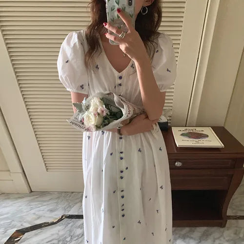 Women Dress Korean Fashion Elegant V-neck Button Embroidered Flowers Collect Waist Bubble Sleeves Long Vestidos voguable