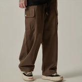 Voguable Big Side Pocket Men's Pants Spring Vintage Wide Leg Straight Button Multiple Pockets Work Cargo Pants Male Drawstring Trousers voguable