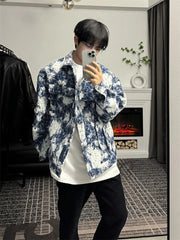 Korean Retro Vintage Jacquard Short Shoulder Pad Denim Jacket Men's American Style High-end Design Street Jacket Aesthetic Chic voguable