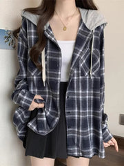 Vintage Plaid Hooded Shirt Women Oversize Long Sleeve Y2K Blouse American Casual Harajuku Female Vintage Spring Tops New voguable