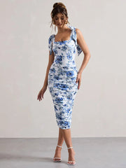 Floral Print Backless Sexy Maxi Dress For Women Gown Spaghetti Strap Square Collar Ruched Bodycon Club Party Dress voguable