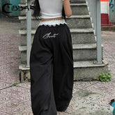 Contrast Lace Stitching Wide Leg Pants Streetwear y2k Low Rise Loose Black Trousers for Women Korean Fashion Baggy Capris voguable
