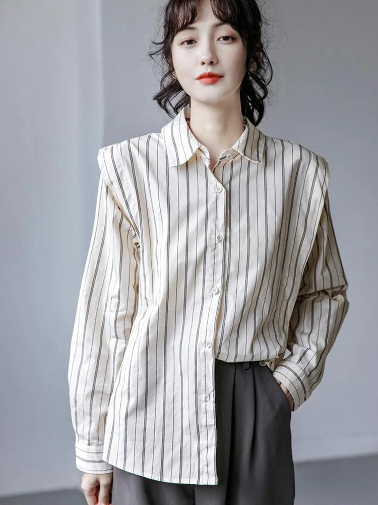 Voguable Elegant Chic Women Striped Shirt Casual Loose Design Blouse Korean Fashion Long Sleeve Simple All Match Office Lady Tops voguable