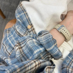 Women Shirt Women Long Sleeve Mid Length Vintage Blue Plaid Pocket Turn down Collar Preppy Style Shirts Blouse Female Cardigan voguable