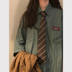 Vintage Striped Women with Tie Blouses Harajuku Oversized Loose Preppy Tops Japanese Summer Fashion Long Sleeve Shirts voguable