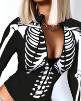 Women Top Romper V Neck Skulls Slim Casual Halloween Skeleton Print Zip Front Long Sleeve Bodysuit Sexy Bodysuits voguable