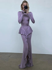 Backless Ruffled Sexy Maxi Dress For Women Gown Fashion O Neck Long Sleeve Thigh High Split Evening Long Dress Elegant voguable