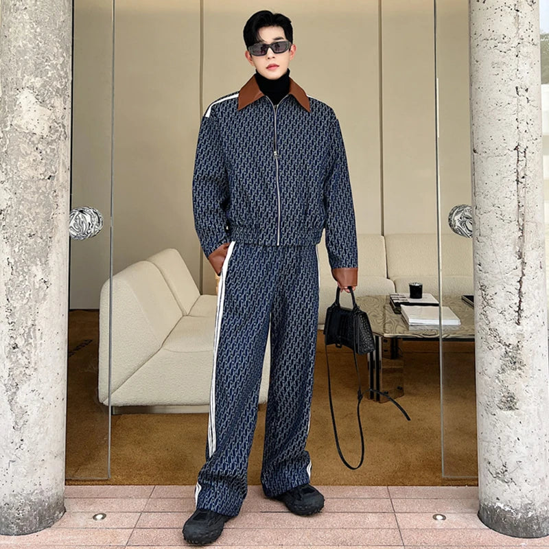 Voguable Spring New Men's Two Piece Printing Denim Jackets Sets Korean Style Loose Straight Jeans Classic Street Short Coat voguable