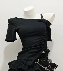 Voguable Dark Y2K Goth Off Shoulder Sexy Sets T-shirt Ball Gown Age Reduction Stretch Waist Skirt Slim Preppy Style Casual Mujer voguable