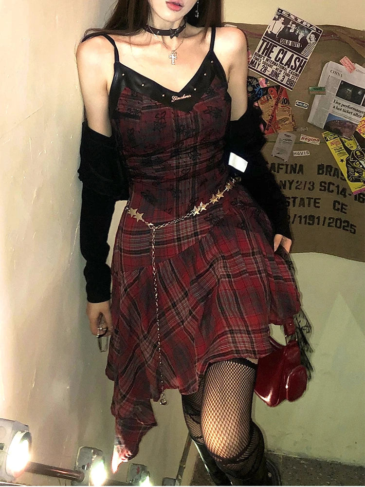 Voguable Grunge Aesthetic Y2k Plaid One Piece Dress Women Sexy Slim Vintage Lace Mini Dresses Party Fashion Mesh Casual Harajuku Clothing voguable