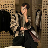 Patchwork Striped V-neck Knit Sweater Pullover Men Autumn and Winter Korean Loose Long Sleeve High Street Pullover Sweater voguable