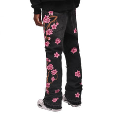 Voguable Men's high-street ripped jeans with floral embroidery patchwork, trendy street-style distressed flared jeans voguable