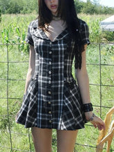 Voguable Gothic Dark Style Plaid Turn Down Collar Short Sleeve Single Breasted Vintage Ropa Mujer voguable