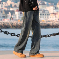 Men Straight Leg Jeans Washed Vintage Retro Patchwork Design Denim Pants Streetwear Classic Comfort Fit Distressed Style voguable