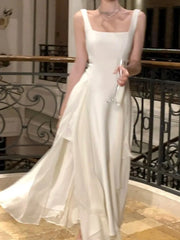 Ruffles Evening Party Dress for Women Elegant Sleeveless Square Collar A Line Solid Summer Prom Robe Korean Vestidos voguable