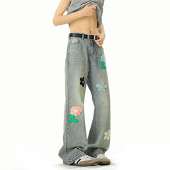 Blue Jeans Men Fashion Casual Straight Jeans Streetwear Hip-hop Loose Flower Jeans Mens Vintage Denim Pants Man Trousers voguable