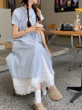 Voguable Blue Striped Short Sleeve Dress Shirt Women Summer New Korean Style Loose Midi Two Piece Set Casual Comfortable Fashionable voguable