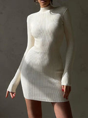 Knitted White Dress Women Elegant Fashion Turtleneck Bodycon Midi Dresses Female Autumn Winter Long Sleeve Slim Streetwear Dress voguable
