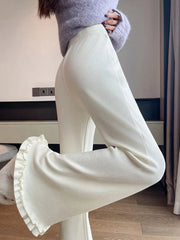 Ruffles Knitted Flare Pant Women High Waist Fashion Loose Fall Winter Trousers Korean Chic Elegant Lady Sweet Solid Pants voguable