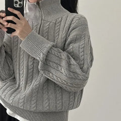 Voguable Korean Fashion Half Zipper Sweaters Women Vintage Twisted Knitted Crop Pullover Casual Sueter Mujer Long Sleeve Tops voguable
