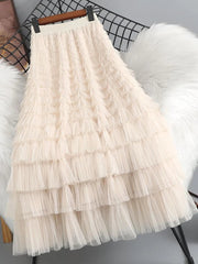 Summer Elegant Women Tulle Skirt Korean Fashion Mesh A Line Ladies Cake Skirt High Waist Loose Party Female Skirts New voguable