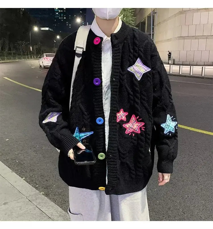 Vintage Knitting Sweater Purple Cardigan Jacket Long Sleeve Black Fashion Round Neck Coat Knitted Cardigan Sweater for man Winte voguable