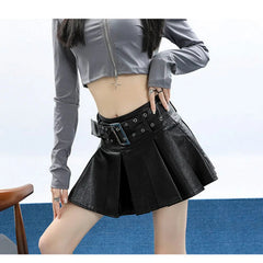 Leather Skirt Black Punk Women Sexy Pleated Grunge Vintage Mini Skirt Y2k Gothic Streetwear A-line Ladies Retro Skirts voguable