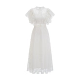 Fashion Black Polka Dot Perspective Dress Women's Round Neck Slim Fly Sleeves Ankle-length Dresses Summer New 3A102 voguable