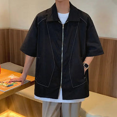 Voguable Summer Bright Thread Splicing Short-sleeved Shirt for Men Double Zippered Cardigan voguable