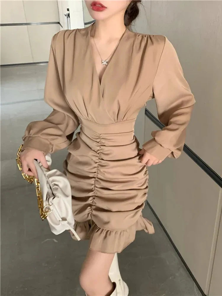 Voguable Elegant Women Mini Dress Vintage Tunic Irregular Long Sleeve Korean Office Ladies Ruffles Dress Sexy V Neck Party Vestidos voguable
