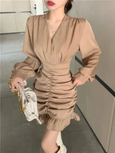 Voguable Elegant Women Mini Dress Vintage Tunic Irregular Long Sleeve Korean Office Ladies Ruffles Dress Sexy V Neck Party Vestidos voguable