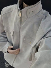 Street Zipper Jacket High-end Handsome Stand-up Collar Coat American 2025 Retro Handsome Work Jacket Loose Top Urban voguable