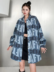 Loose Fit Blue Letter Printed Denim Big Size Jacket New Lapel Long Sleeve Women Coat Fashion Spring Autumn voguable