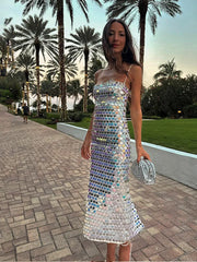 Sequined Tube Top Strap Dress Women Sexy Sleeveless Slim Solid Straight Long Vestidos Fashion Backless Slip Split Evening Robe voguable