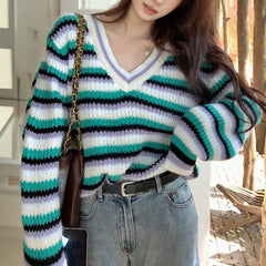 Multicolor Striped Pullover Women Sweater Soft Knitted V-Neck Long Sleeve Jumper Teen-girl Fall Winter 90s Y2K Outfit voguable