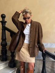 Chic Brown Suede Jacket For Women Elegant Lapel Long Sleeve Single Breasted Pockets Coats Autumn Office Lady Commuting Outwear voguable