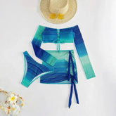 Voguable Blue Long Sleeve Swimsuit Bikinis Sets 3 Piece Women Front Lace-up Swimwear with Cover Up Mini Skirts Beach Wear Bathing Suit voguable