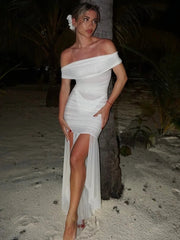 Mesh Off-shoulder Backless Sexy Maxi Dress For Women Fashion Strapless Sleeveless Split Ruched Bodycon Club Party Dress voguable