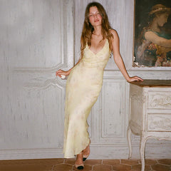 Women's Floral Cami Dress Slim Tie Bow Deep V Neck Backless Ruffle Spaghetti Strap Long Bodycon Dress for Party Club