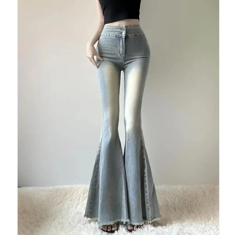 Hot Girl High Waist Tassel Women Fishtail Floor Mopping Jeans Spring Summer Slimming Elasticity Fashion Casual Denim Flare Pants voguable