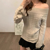 Slash Neck Pullovers Women Knitted Solid Jacquard Korean Fashion All-match Design Unique Sweet Spicy Girls Streetwear Temper voguable
