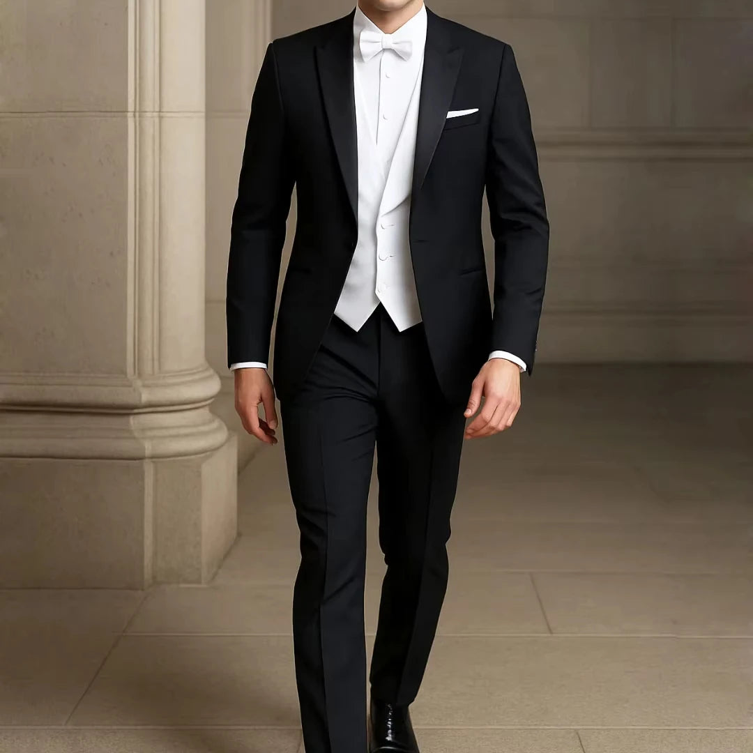 Voguable Men Suit 3 Piece With Lapel Single Button Slim For Wedding Banquet Birthday Party Business Casual Black Jacket Pants White Vest voguable