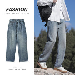 Spring Autumn New Fashion Korean Loose Straight Jeans Men Baggy Pants Elastic Waist Wide Leg Casual Pants Men's Clothes 5 Colors voguable