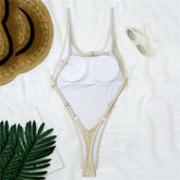 Voguable Shell Ornament Beige Mesh Swimwears Women One Piece Backless Sexy Swimsuit High Leg Cut Bathing Suit Swimming Wear Monokini voguable