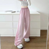 American Style Pink Striped Sports Women Spring Autumn Casual Thicken Sweatpants Loose Straight Elastic Waist Wide Leg Trousers voguable