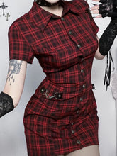 Voguable Gothic Slim Plaid Turn Down Collar Short Sleeve Single Breasted Shirtwaist Dress voguable