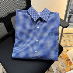 Voguable American retro embroidered blue checkered short-sleeve shirt for men and women, summer casual loose high-end top for men voguable