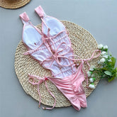 Voguable Sexy Pink Backless Swimwear One Piece Swimsuit Woman Summer String Lace-up Cross Swimming Wear Deep V Neck Bathing Suit voguable