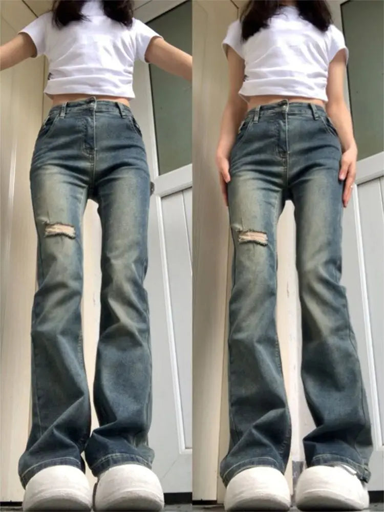 American vintage Micro-Pull Ripped Jeans Women Summer 2023 New Small Gyaru High Waist Slimming Straight Pants voguable