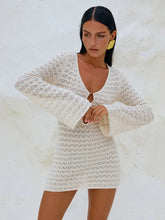 Sexy Knitted Beach Dress For Woman White Hollow Out Deep V Neck Long Sleeve High Waist A-line Knit Dress Knitwear voguable